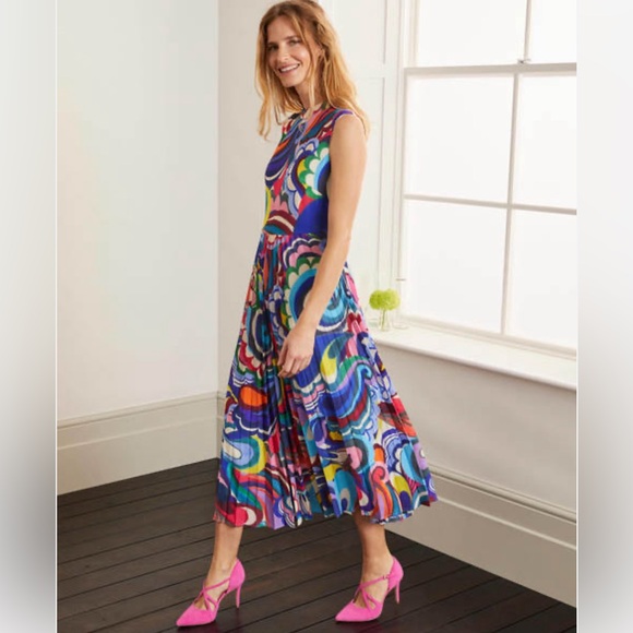 Boden Dresses & Skirts - Boden Jocelyn Watercolor Floral Retro Swirl Pleated Midi Dress Sz 14 EUC